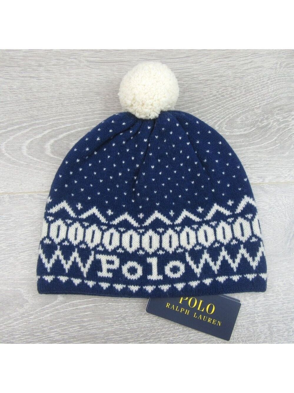 Polo Ralph Lauren Pom Pom Beanie Cap One Size Navy White NEW - Picture 2 of 12